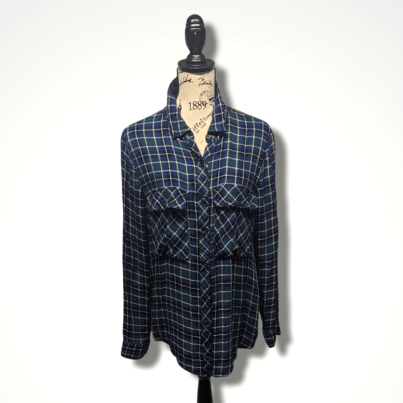 Flannel plaid button down shirt navy & green by A. Andrews large zipper - Picture 1 of 6